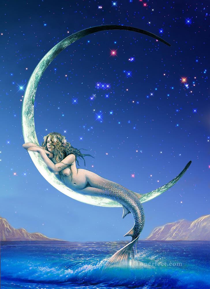 mermaid in silver moon nude original Oil Paintings